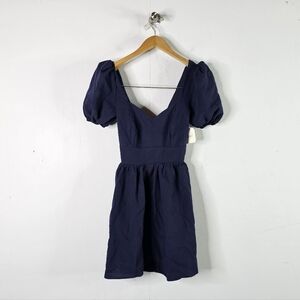 Altar'd State Navy XXS Open Back Dress Womens Above The Knee Puff Sleeves New $7